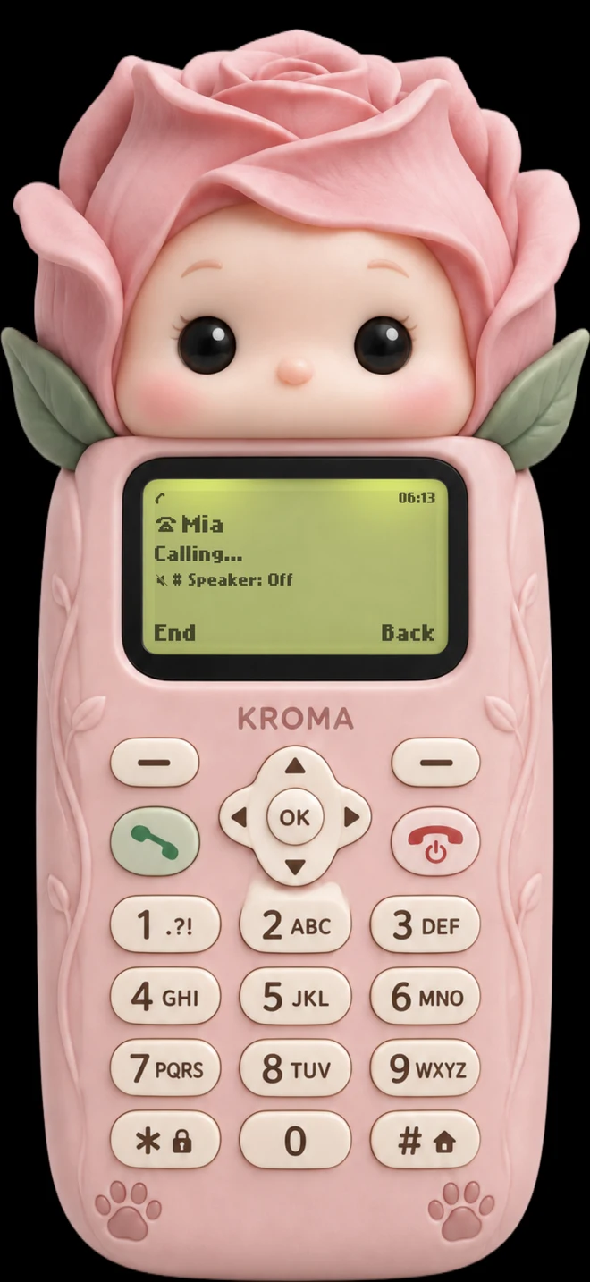 Actual KROMA app screen during an Internet call, with on-screen Speaker and End controls